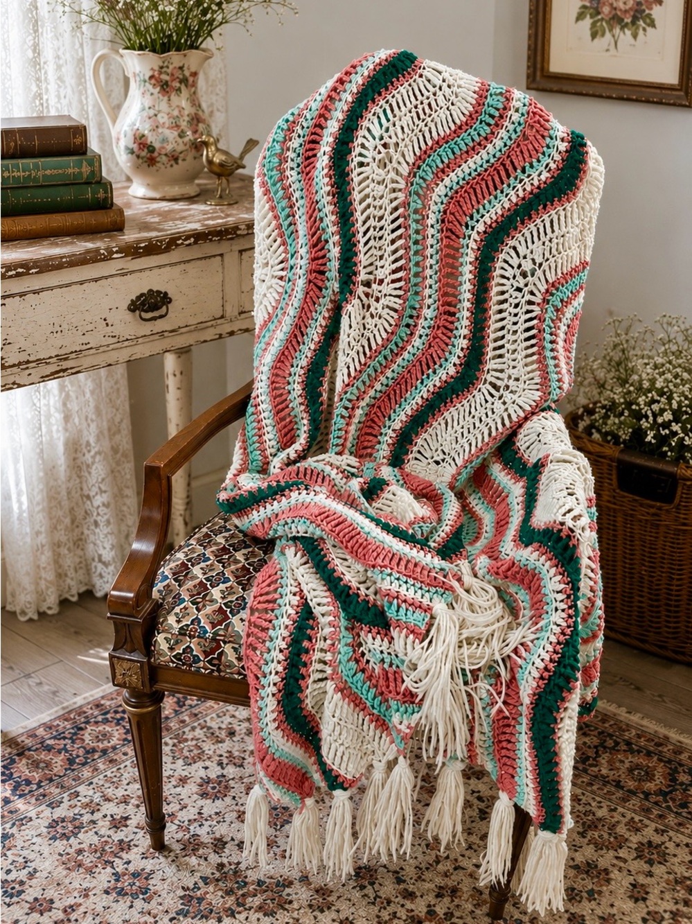 Vintage 1980s Cozy Crochet Afghan Throw Blanket — Multicolor